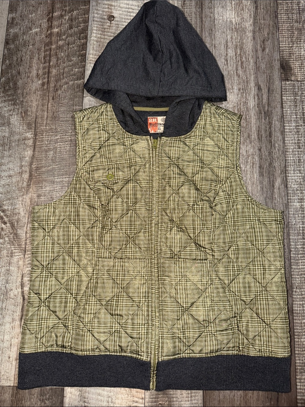 Ruff Hewn Hooded Quilted Vest Plaid Olive Green Black Puffer vest-size XL
